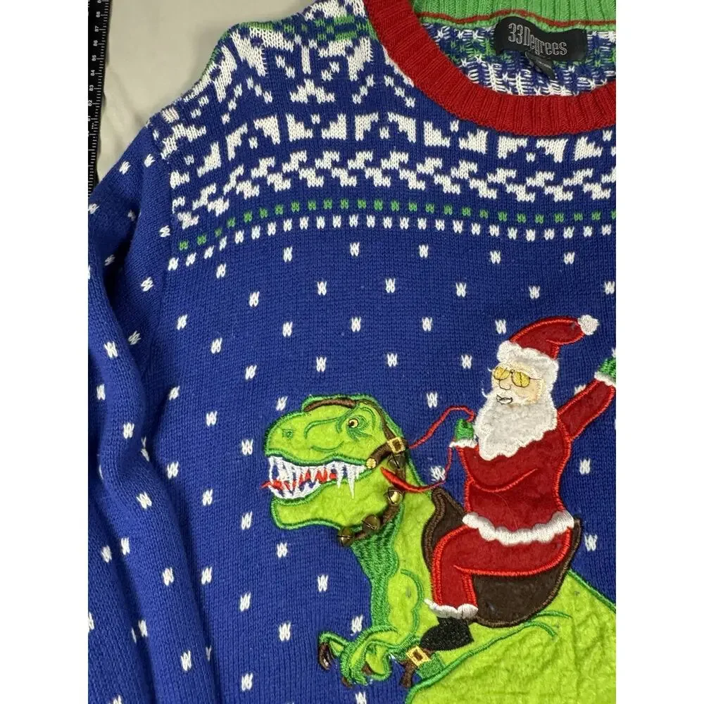 33 Degrees Santa Riding T-Rex Ugly Christmas Sweater Mens XL Blue Holiday
